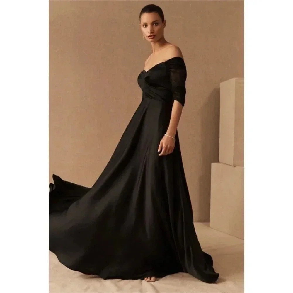 NWT BHLDN Bowden Satin Off Shoulder Formal Maxi Dress Loong Black 0